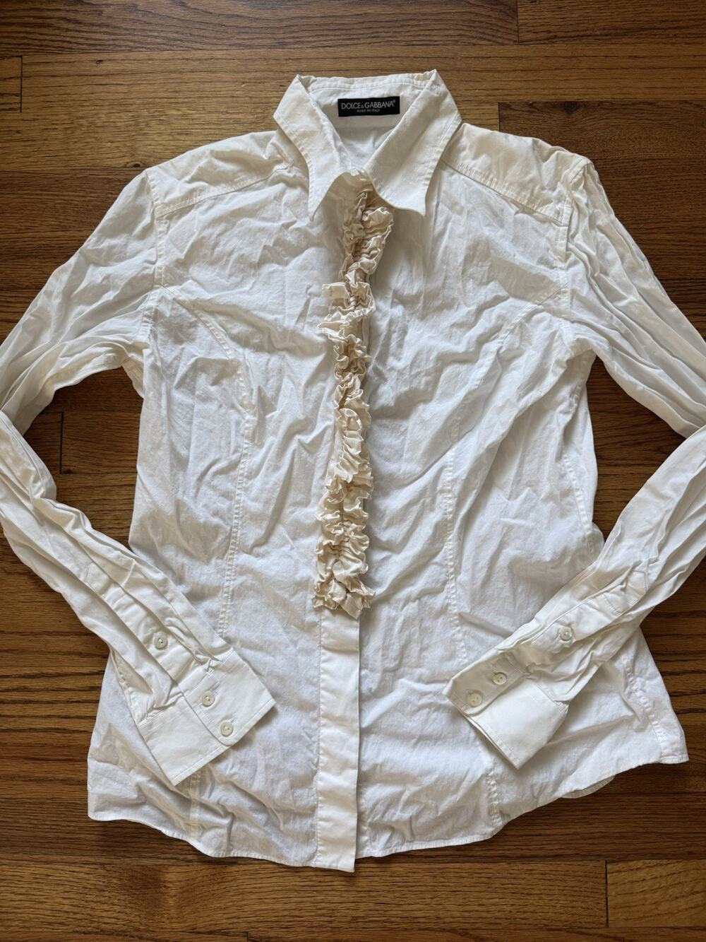 Vintage Dolce & Gabbana White Ruffle Front Long Sleeve Shirt Blouse IT 46 US 10